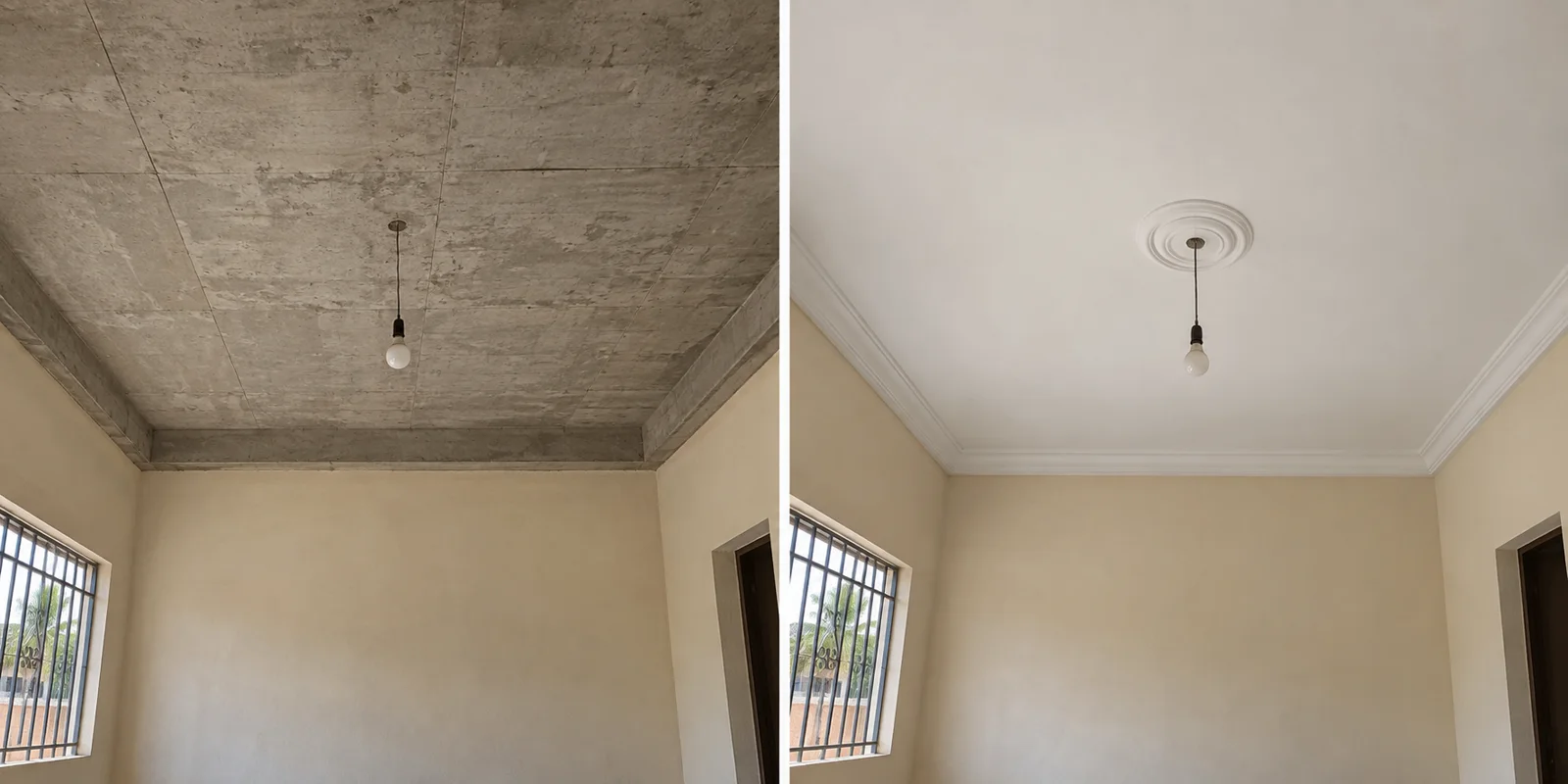 Après : plafond lisse en plâtre avec moulures simples, rendu illustratif
